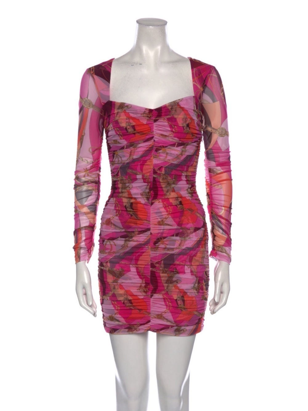 NWT L'AGENCE Pink Multi-Color Printed Mesh Long-Sleeve Mini Dress